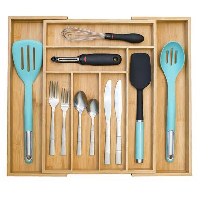 China Expandable Cutlery Tray Spoon Storage Organizer Sustainable Top Wooden Telescopic Storage Box Kitchen for sale