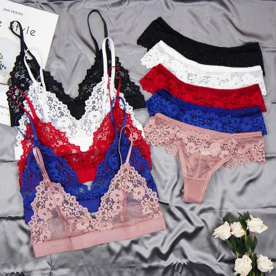 China Ultra-thin Beauty Back Cavity Embroidery Bra Mesh Lace Underwear Set Transparent Viable Women's Cup Brief Sets for sale