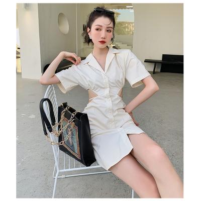 China New Arrival Design Lapel Cutout Shorts Retro French Sleeve Washable Accent Waist Shirt Casual Dress for sale