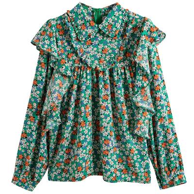 China New Women's Summer Floral Chiffon Blouse Spring Ruffle Flower Sweater Breathable Chiffon Blouse Design for sale