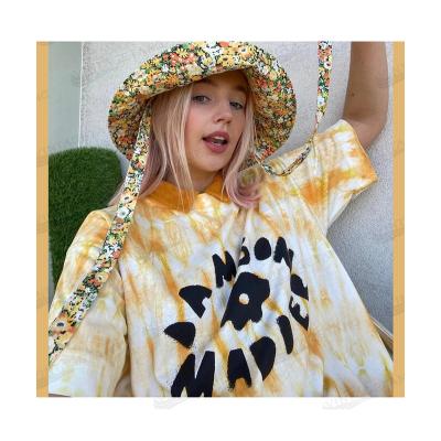 China Summer Breathable Yellow Tie Dyed Round Neck T-Shirt Letterprint Short Sleeve Street Vintage New for sale