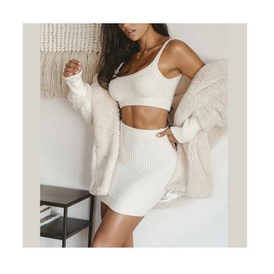 China Breathable Ivory Ribbed Soft White Sexy Sleeveless Women Bodycon Two Piece Fluffy Knit Sweater Set for sale