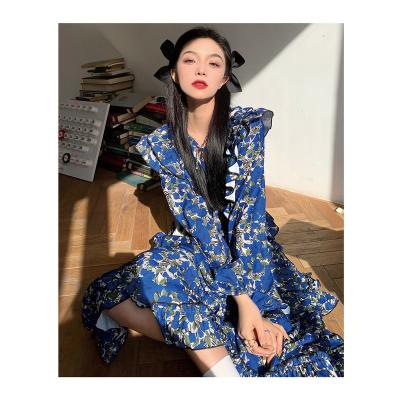 China Spring Breathable Good Quality Niche Design Popular Design Feels Irregular Blue Long Sleeve Floral Long Dress Female for sale