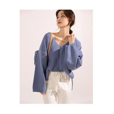 China Spring Autumn Stylish Drop Soulder Wide QUICK DRY V-Neck Lantern Sheath Casual Boxy Women's Pullover Sweater for sale