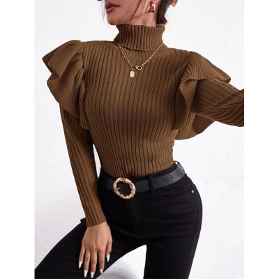 China Autumn Winter Breathable American Turtle Neck Rib Stitch Ruffle Shoulder Edge Slim Fit Sweater Knit Women Ladies for sale