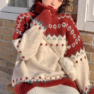 China Autumn and winter new breathable lazy wind thickened sweater women's red neck pullover Christmas turtle loose sweater for sale