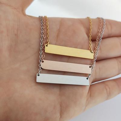 China Trendy Gold Plated Name Bar Necklace Joyeria De Acero Engraved Logo Letter Jewelry Stainless Steel Rectangle White Bar Pendant Necklace for sale