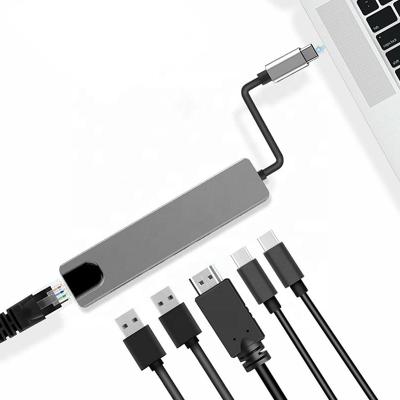 China High Quality Multifunctional Computer Xput 6 in 1 USB C Hub 6-In-1 Type C to HDMI 4K RJ45 Ethernet USB 3.0 Adapter with 87W PD Charging for sale