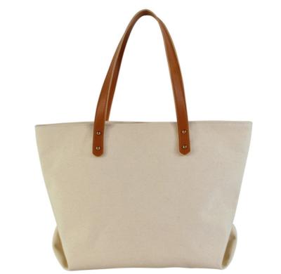 China High Quality Convenient Beach Bag Women Blanket Cotton Canvas Tote Bag With Brown Leather Handles for sale