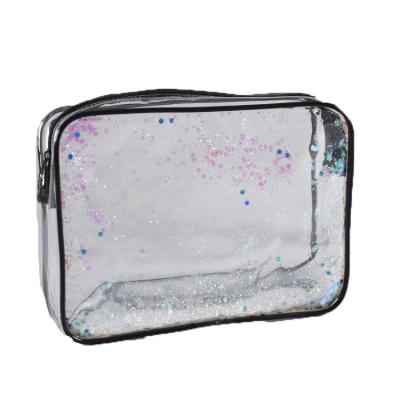 China Custom Transparent Clear Waterproof Star PVC Bling Bling Sequin Factory Recyclable Fashion Women Makeup Travel Toiletry Cosmetic Bag for sale