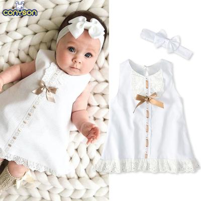 China New Fashion Conyson Bowknot 2Pcs Baby Summer High Quality Sleeveless Breathable Dress For Girls Designs Kids Dressing Set for sale