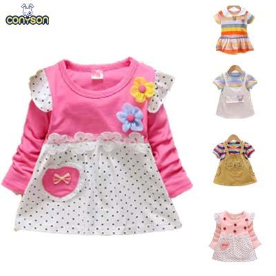 China Summer Wholesale Hot Selling Cotton Conyson Anti-wrinkle Mini Cartoon Striped Flower Casual Cute Baby Clothes Dress for sale