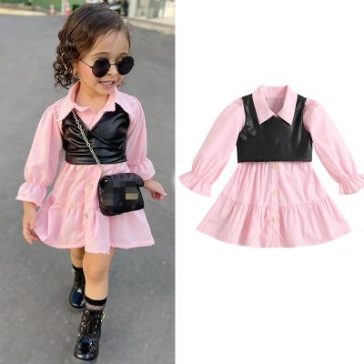 China Wholesale-Washable Conyson Autumn Fashion Kids Girls 2pcs Sets Dress+PU White Invest Long Sleeve Girls Dress for sale