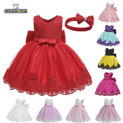 China Conyson Free Sale Headband Baptism Party Event Dress Kids Girls Floral Dress Warm Breathable Princess Dress Baby Newborn for sale