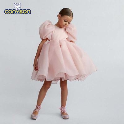 China High Quality Breathable Conyson Mesh Girls Princess Vintage Tulle Sleeve Pink Wedding Party Birthday Tutu Dress for sale