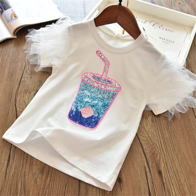 China 2021 New Full Sale Girls Summer Breathable T-shirt Baby Tees Breathable Hot Children Kids Fashion Clothes Milk Cup Sequins Bling Tops Tees for sale