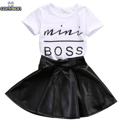 China Korean Summer 2Pcs PU Skirt Wholesale Anti-Wrinkle Anti-Wrinkle Sleeve Kid Leather Girls Clothes Clothing Set for sale