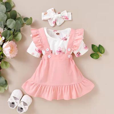 China New Design Summer Anti-Shrink Cotton Shorts Organic Floral Patterns Wholesale Cute Anti-Shrink Babies 3pcs Set Cute Conyson Sleeve Pink for sale