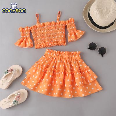 China Summer Sale Conyson Dot Clothing Skirt Set Sweet Girls Printed Halter Fashion Beach Girls Topper For 2-7 Years Old Girls for sale