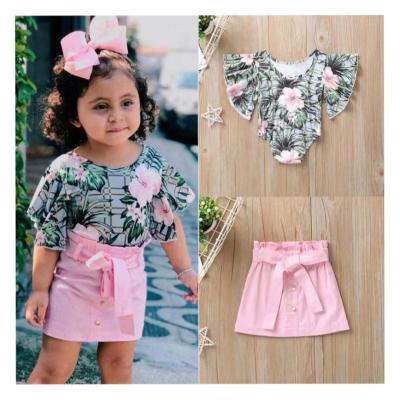 China New Wholesale Conyson Summer Girl Formal Newborn Floral Sleeve Trumpet Patterns T-shirt Baby's Top Dress Sets for sale