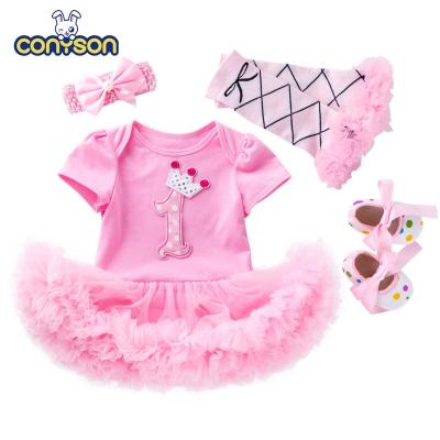 China Conyson Pink Babies Breathable Shoes Headband Breathable Mesh Cartoon Birthday Clothing Christening Gown Dresses Set for sale