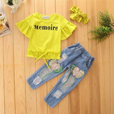 China New Boutique Summer Toddler Girls Dressing Set Sleeve T-shirt Ruffled Top Ripped Sequin Jeans Clothing Sets for sale