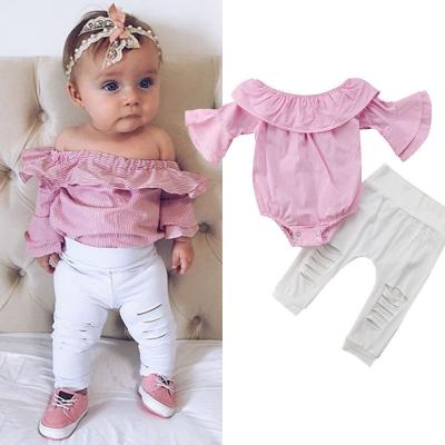 China Substantial Eco-Friendly Washable Breathable Conyson Substantial Eco-Friendly Washable Breathable Girls Clothing Set Girls Off Shoulder Romper +Ripped Jeans Pants Infant Pink Outfits Newborn Clothes Sets for sale