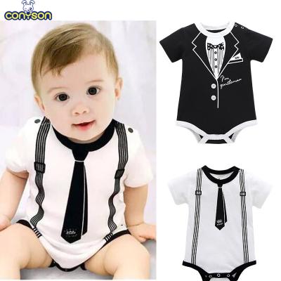 China Infant Conyson Clothing Gentleman Button Rising Style Printed Cotton Shorts Sleeve Summer Toddler Boy Overalls Triangle Baby Rompers for sale