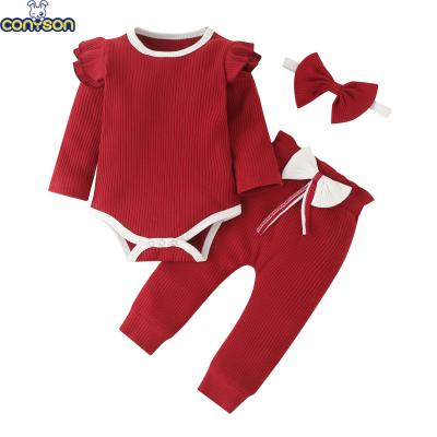 China High Quality Breathable Eco-Friendly Conyson Overall Solid Color Bow Cotton Substantial Washable Eco-Friendly Long Sleeve Three-Piece Baby Clothes Baby Romper Set for sale