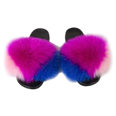 China Super Popular Multicolor Rainbow Anti-odor Women's Eva Slides Ladies Real Raccoon Soft Fur Slides for sale