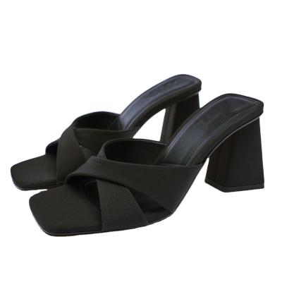 China Hot New Summer Women's Shoes Breathable Black Square Toe High Heel Sandals Cross Strap Elegant Open Heels For Ladies for sale