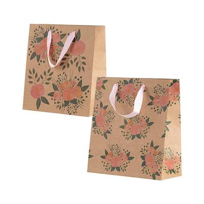 China Custom Printed Handled Logo Gift Wedding Party Cheap Biodegradable Flower Printed Tote Shopping Kraft Square Bottom Paper Bag for sale