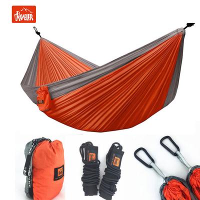 China Lightweight Logo Super Large Relaxing Double Custom Travel Parachute Nylon Hammock with Carabiners+ Trunk Straps Blue/Black for sale