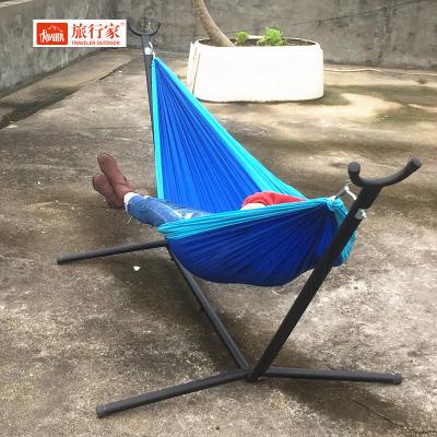 China Outdoor Double Folding Cotton Hammock Hanging Portable Free Standing Hammock With Space Saving Steel Stand for sale