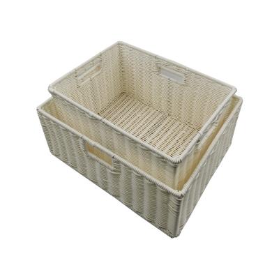 China Sale PP Rattan Storage Basket Multifunctional White Rectangle Fruit Vegetable Basket Tidy Wicker Baskets With Handle Inside Handmade Plastic for sale