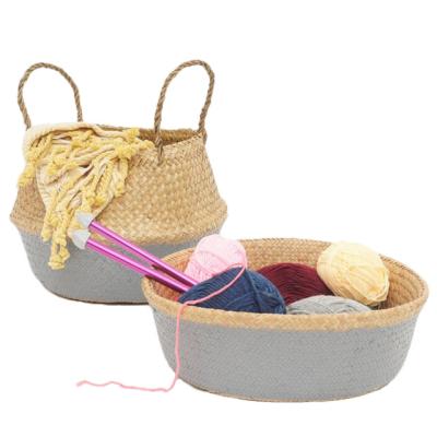 China Minimalist Customized Size Color Straw Basket Woven Seagrass Handmade Belly Storage Basket With Handles for sale