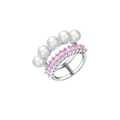 China FASHIONABLE 925 Sterling Silver Ring Women Double Layer Niche Design Ring Set with Zircon Pearl Tail Ring for sale