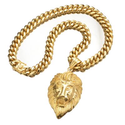 China Hiphop Punk Rock Mens Stainless Steel 14mm Cuban Chain Jewelry Animal Lion Head Pendant Gold Necklaces Gift for sale