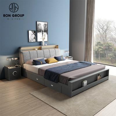 China High Contemporary Modern Soft Back Box Wooden Platform Storage Bed with Clamp Bookcase Warm Light USB Charging Hidden Storage for sale