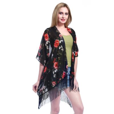 China Custom Made Women's Tassels Tops Chiffon Flower Print Anti-pilling Anti-pilling Kimono Loose Cardigan For Summer for sale