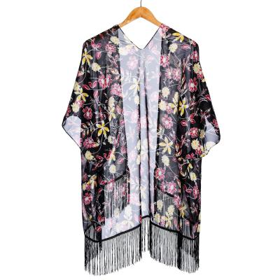 China Custom Made Long Tassels Anti-pilling Chiffon Loose Cardigan For Women for sale