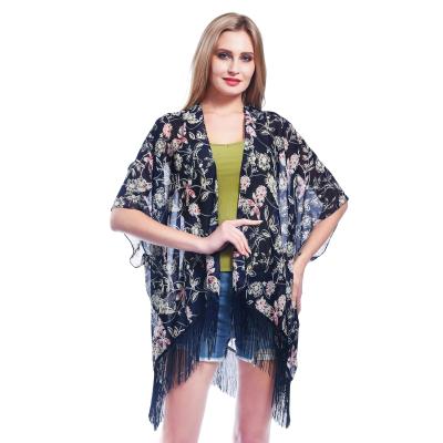 China Anti-pilling Women's Tassels Kimono Cardigans Boho Open Front Beach Cover Up Chiffon Long for sale