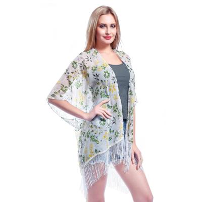 China Anti-pilling Women's Floral Tassel Chiffon Beach Swimwear Cover Up for sale