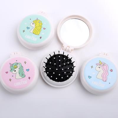 China BEAUTIFUL Custom Foldable FLY Logo Round Kid Small Hair Brush Smooth Pocket Folding Portable Detangling Hairbrush with a Mirror for sale