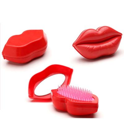 China BEAU FLY Mini Lip Shape Detangling Comb Shower Foldable Hair Brush with Mirror Salon Styling Tamer for sale