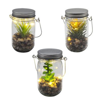 China Holiday decoration supermarket hot sale ornamental plant mason jar battery light fashionable artificial succulent miniature belt HL13 for sale