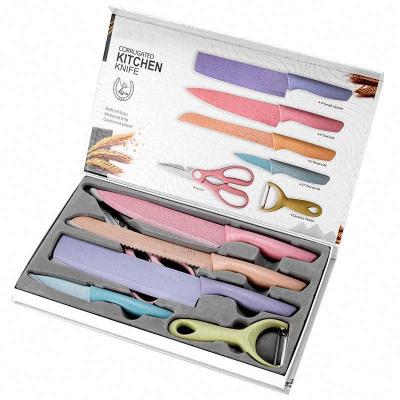 China Viable Colored Kitchen Knives Set Of 6 Pieces, Non-Stick Blades With High Carbon Stainless Steel And Wheat Straw Handle for sale