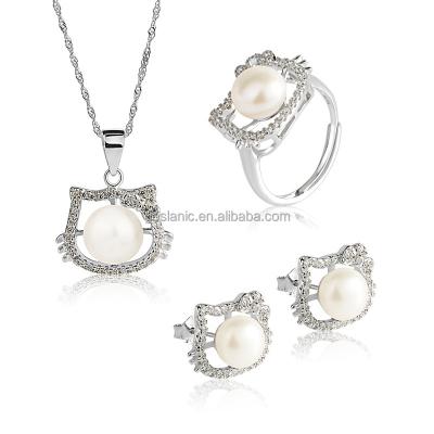 China Cute Fashionable Freshwater Earrings Ring Necklace Elegant Jewelry Set of Cat Pearl Silver Jewelry S925 for sale