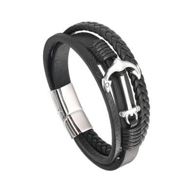 China Fashion Fashion Anchor Link Mens Stainless Steel Wide Genuine Leather Bracelet for sale