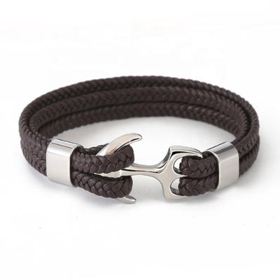 China FASHIONABLE Stainless Steel Adjustable Anchor Mens Ahchor Rope Leather Bracelet for sale